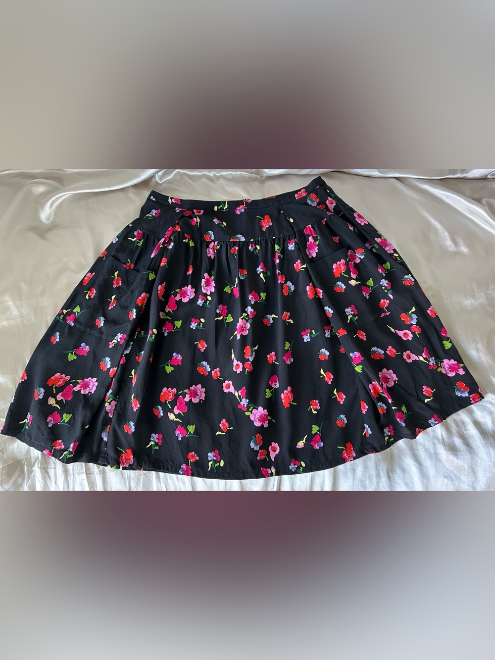 Black Floral A-Line Skirt - Silk With Pockets